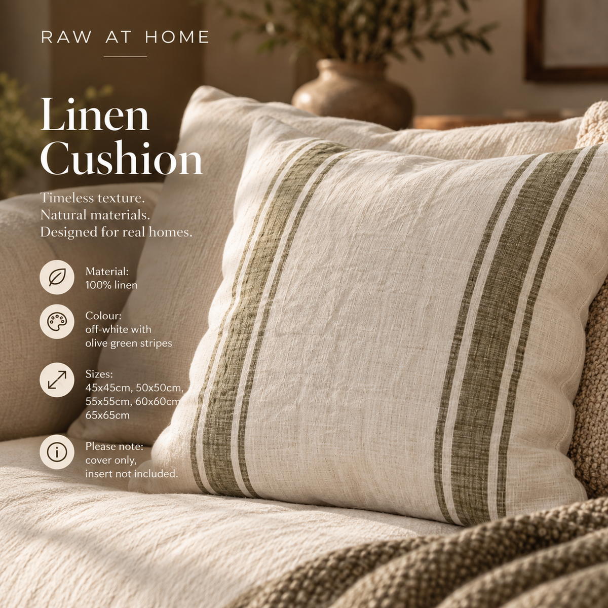 Striped Linen Cushion Cover – Olive