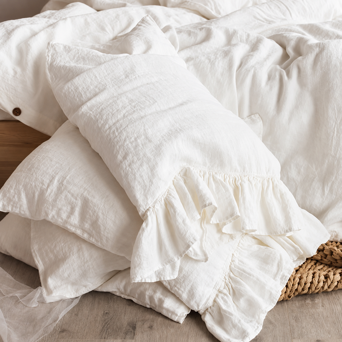 Ruffle Linen Pillowcase Set – White