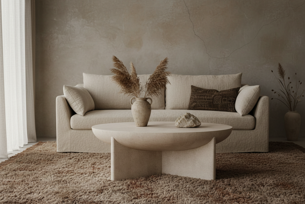 Luna Cream Round Coffee Table in wabi-sabi living room