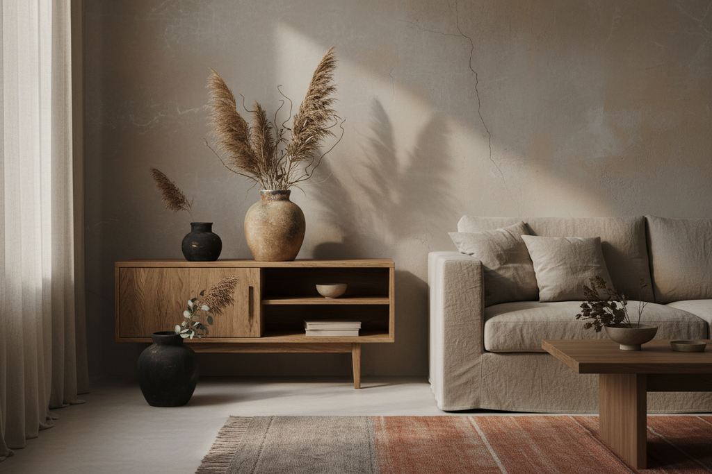 Wabi-sabi living room with rustic ceramic vases