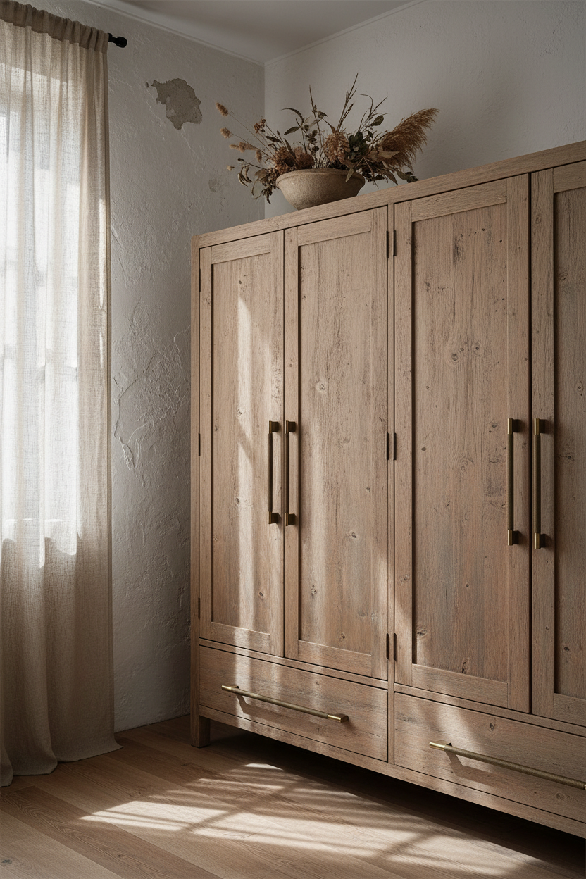 Wabi-sabi wardrobe with brass pulls